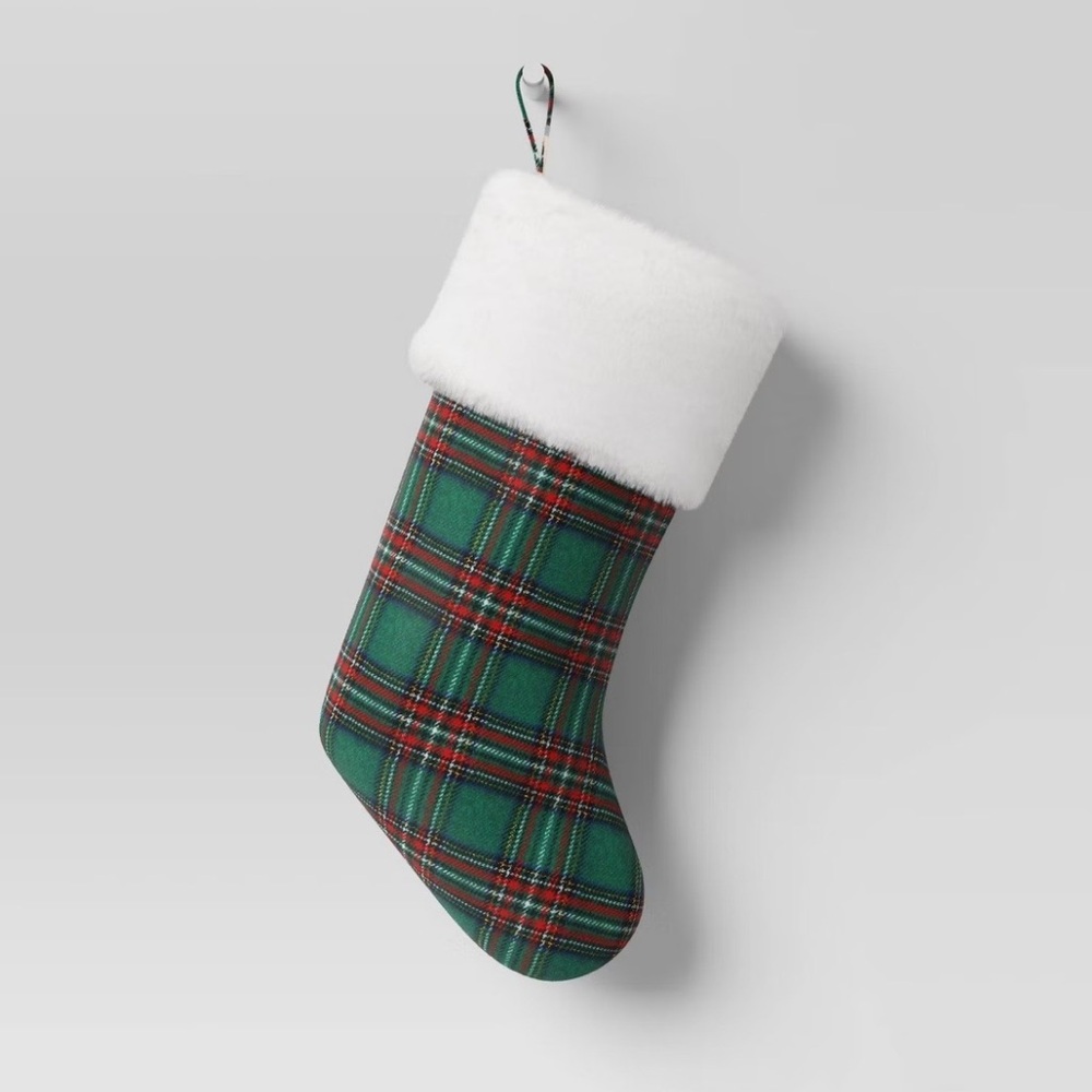 4 WONDERSHOP Plaid Christmas Stocking with Faux Shearling Cuff Green White